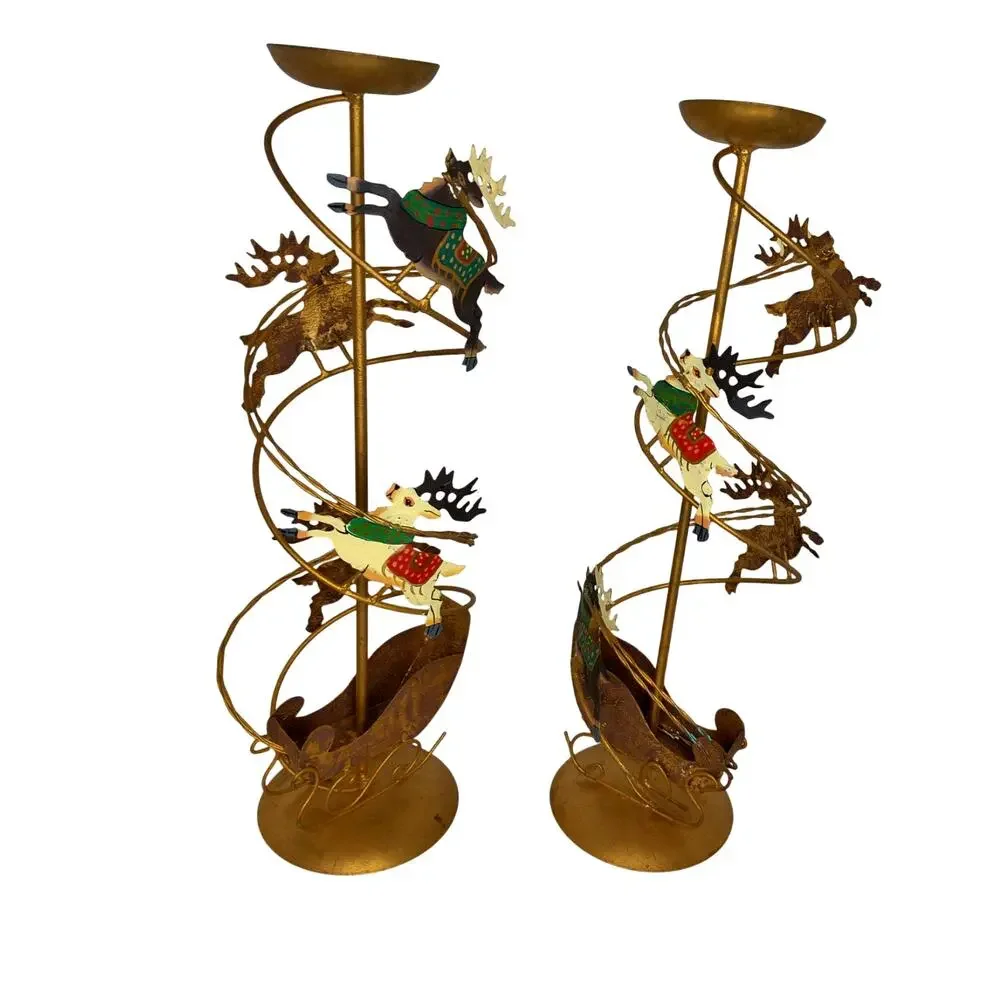 Vintage Christmas Brass Spiral Reindeer Sleigh Candle Holders Decor Set of 2